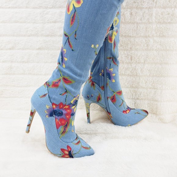 Stretch Floral Print Denim Draw String Top high heel thigh boots - Picture 8 of 11
